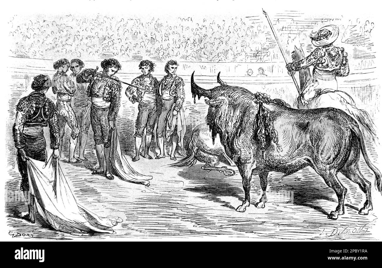 Spanischer Matador oder Stierkämpfer, Espada und Picadors, oder Pferdestierkämpfer, die einen Stier mit einem Schwert in einem Stierkampf töten wollen, oder Corrida Spanien. Klassische oder historische Gravur oder Illustration von Gustave Doré 1862 Stockfoto