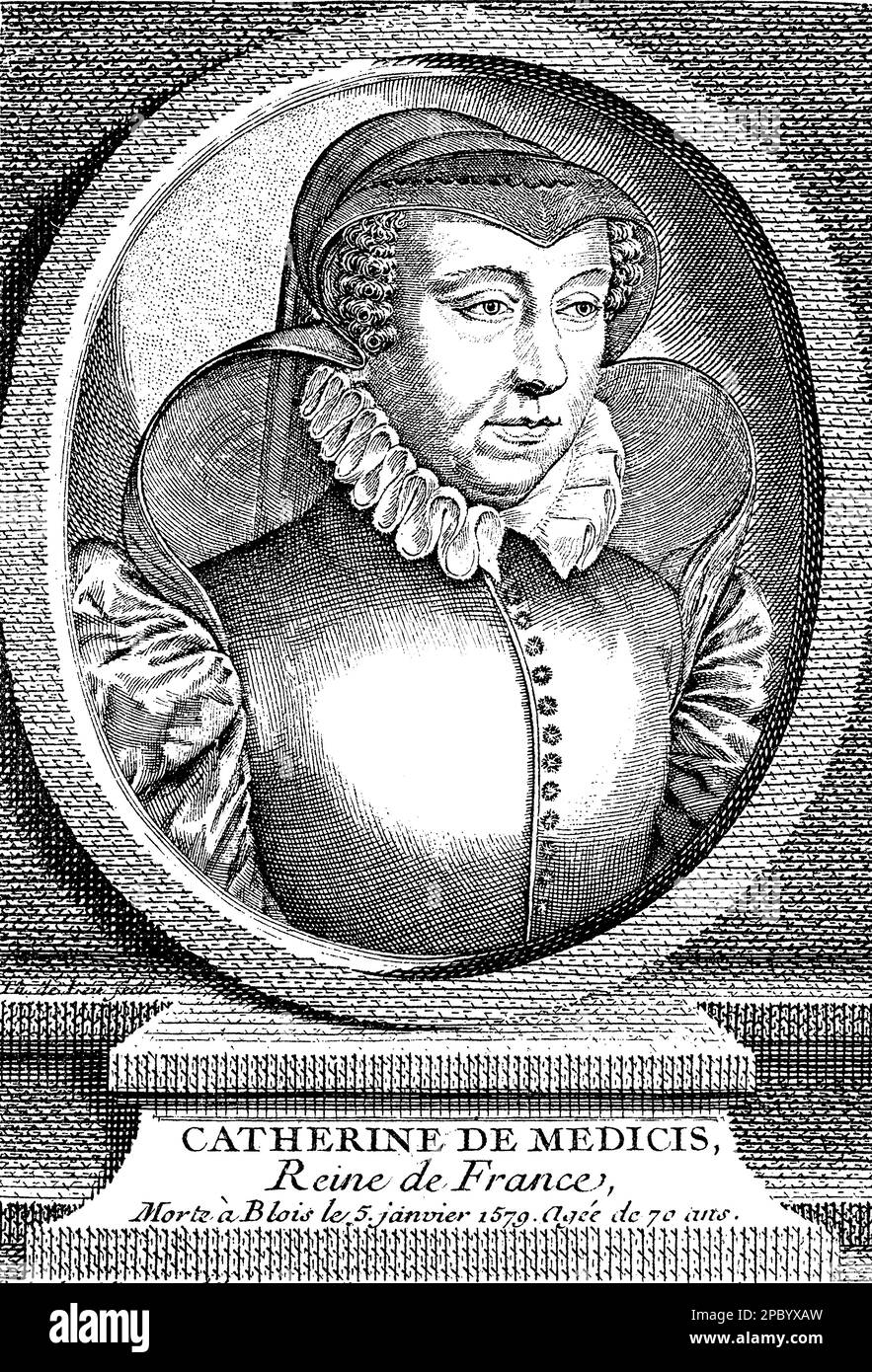 Catherine de' Medici war eine mächtige Gemahlin und Regentin Frankreichs im 16. Jahrhundert. Sie war bekannt für ihren politischen Einfluss, ihre Schirmherrschaft der Künste und ihre kontroverse Rolle in den französischen Religionskriegen. Sie war auch bekannt für ihr Interesse an Astrologie und ihr berüchtigtes „Kabinett der Schrecken“. Stockfoto