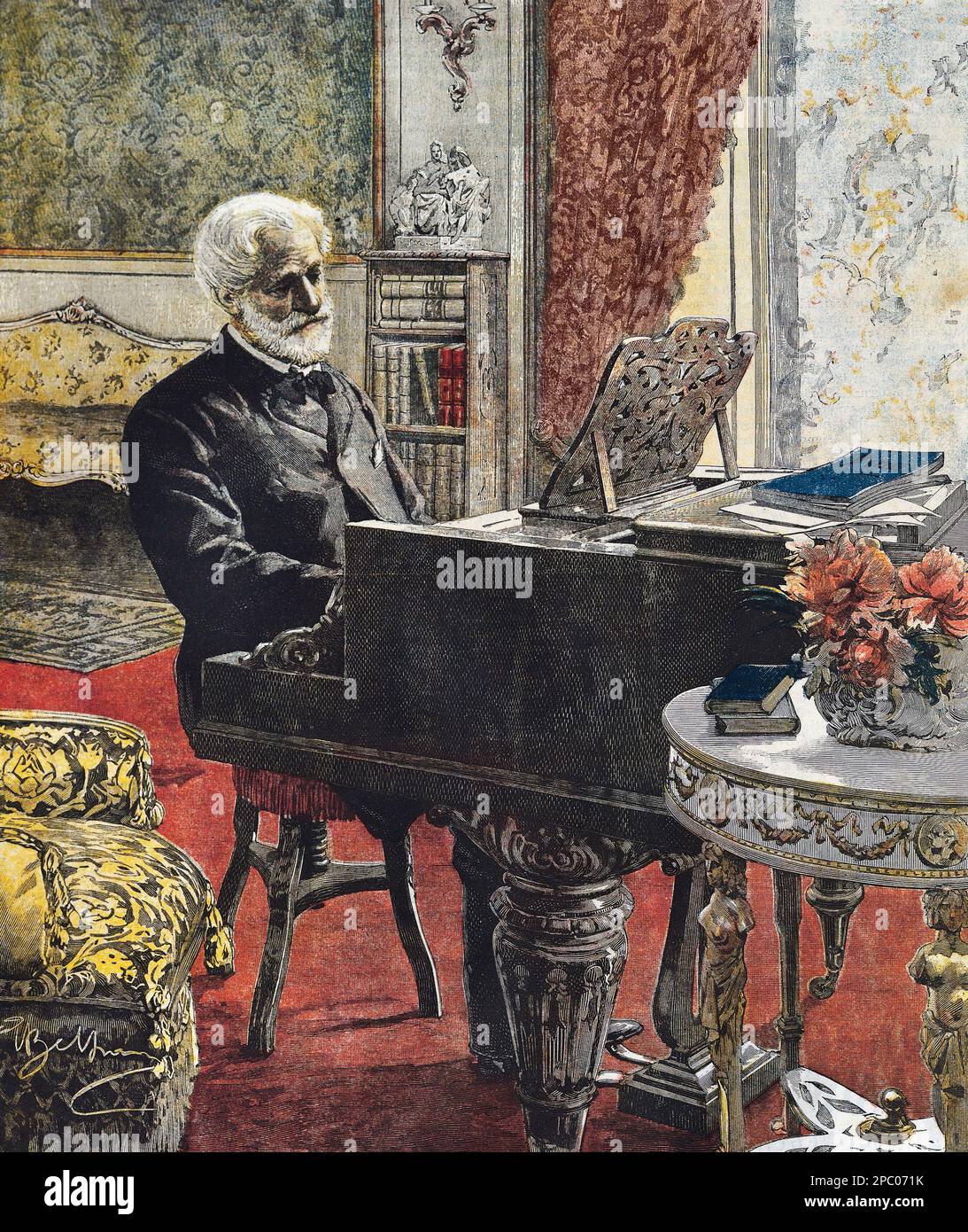 Der italienische Komponist Giuseppe Verdi in seinem Studium in Mailand - 1899 von Achille Beltrame Stockfoto