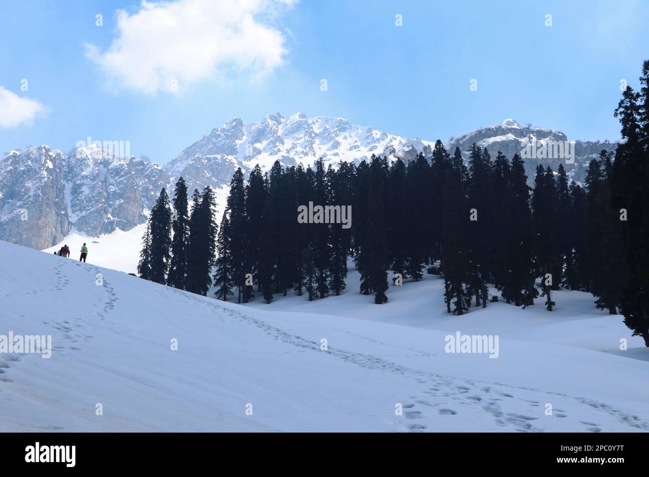 13. März 2023, Srinagar, Jammu und Kaschmir, Indien: Wanderer und Naturliebhaber begeben sich auf den Gipfel des schneebedeckten Hügels von Zabarwan, der sich in der Bergkette von Zabarwan in Srinagar befindet. Diese Bergkette erstreckt sich über kurze 32 km zwischen dem Pir Panjal und dem Großen Himalaya im zentralen Teil des Kaschmirtals, Jammu und Kaschmir. Der höchste Gipfel in diesem Bereich ist der Mahadev Peak, der mit 13.013 Fuß (3.966 m) hoch aufragt und den fernen Hintergrund der östlichen Bergmauer bildet. (Kreditbild: © Adil Abbas/ZUMA Press Wire) NUR REDAKTIONELLE VERWENDUNG! Nicht für Stockfoto