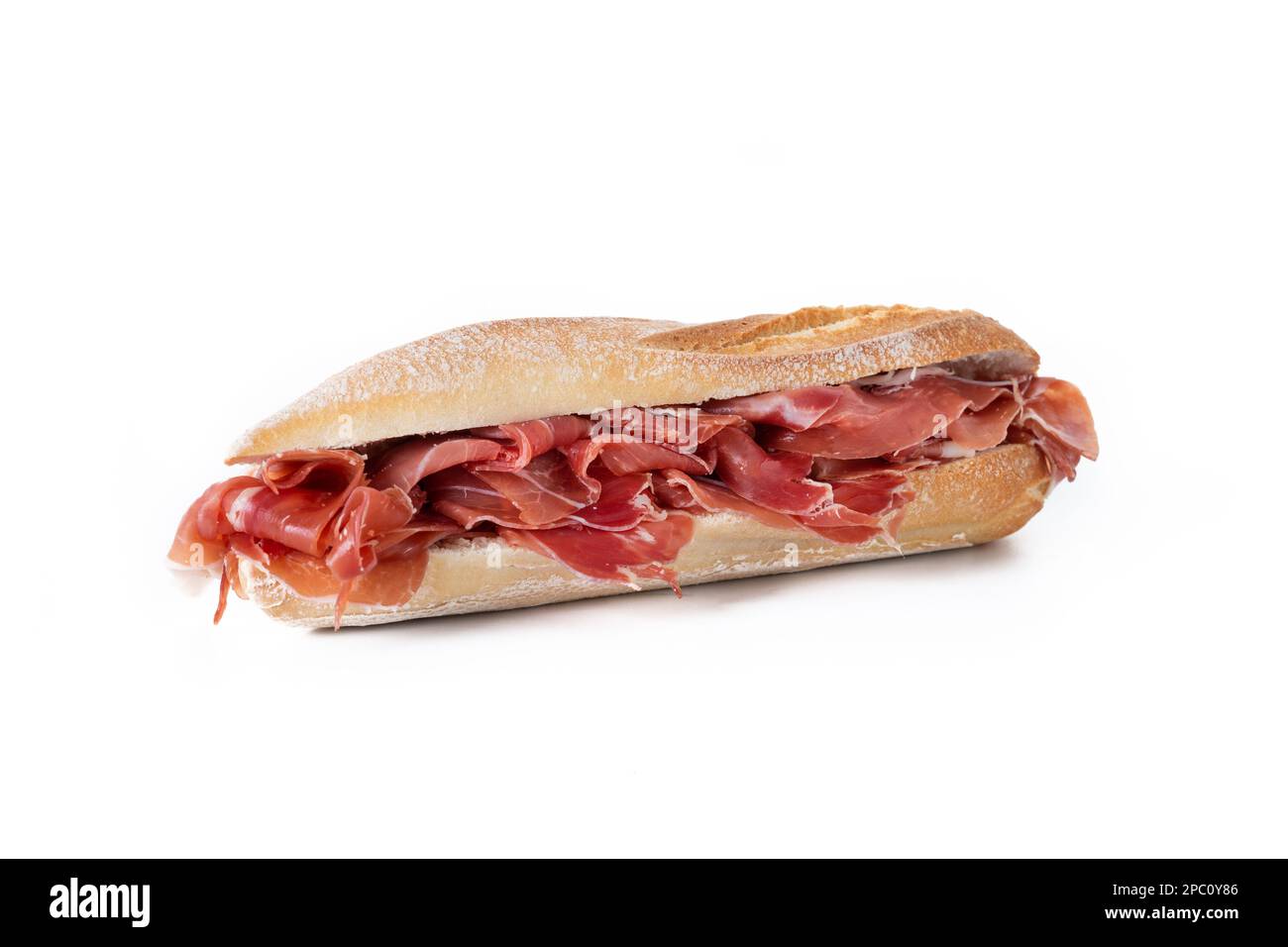 Spanischer Serrano Schinken Sandwich auf weißem Hintergrund Stockfoto