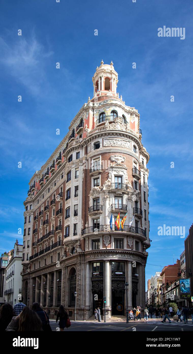 El impresionante edificio del Banco de Valencia, Valencia, España Stockfoto