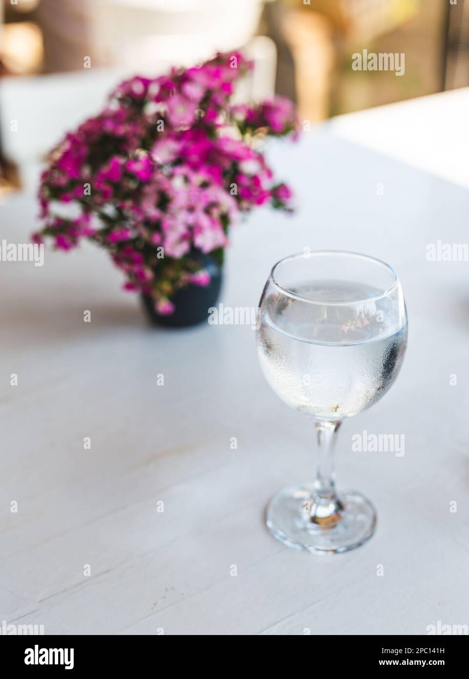 Nahaufnahme eines schicken Glases Süßwasser und Blumen auf einem weißen sauberen Tisch in einem Restaurant Stockfoto
