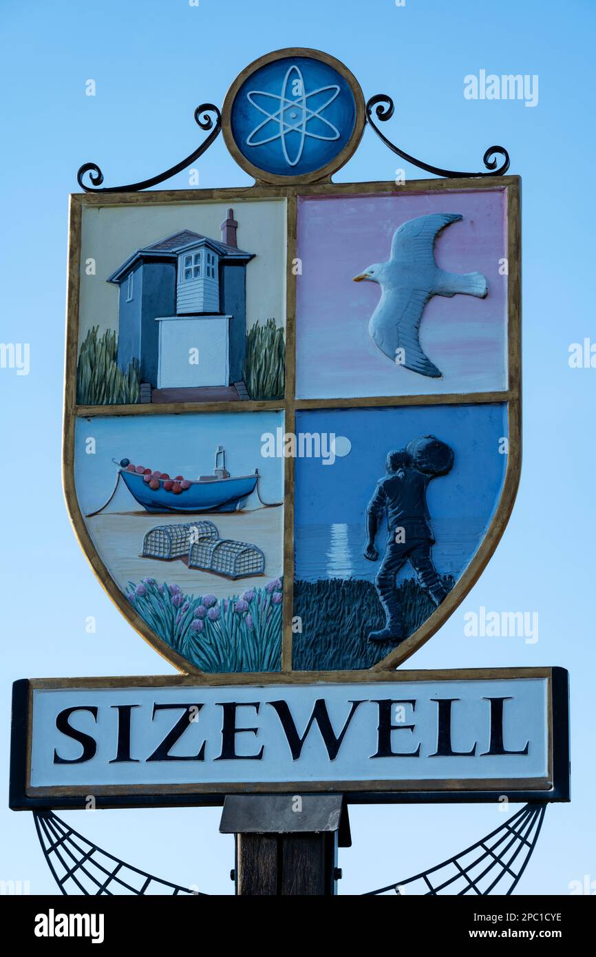 Sizewell Village Schild Suffolk UK Stockfoto