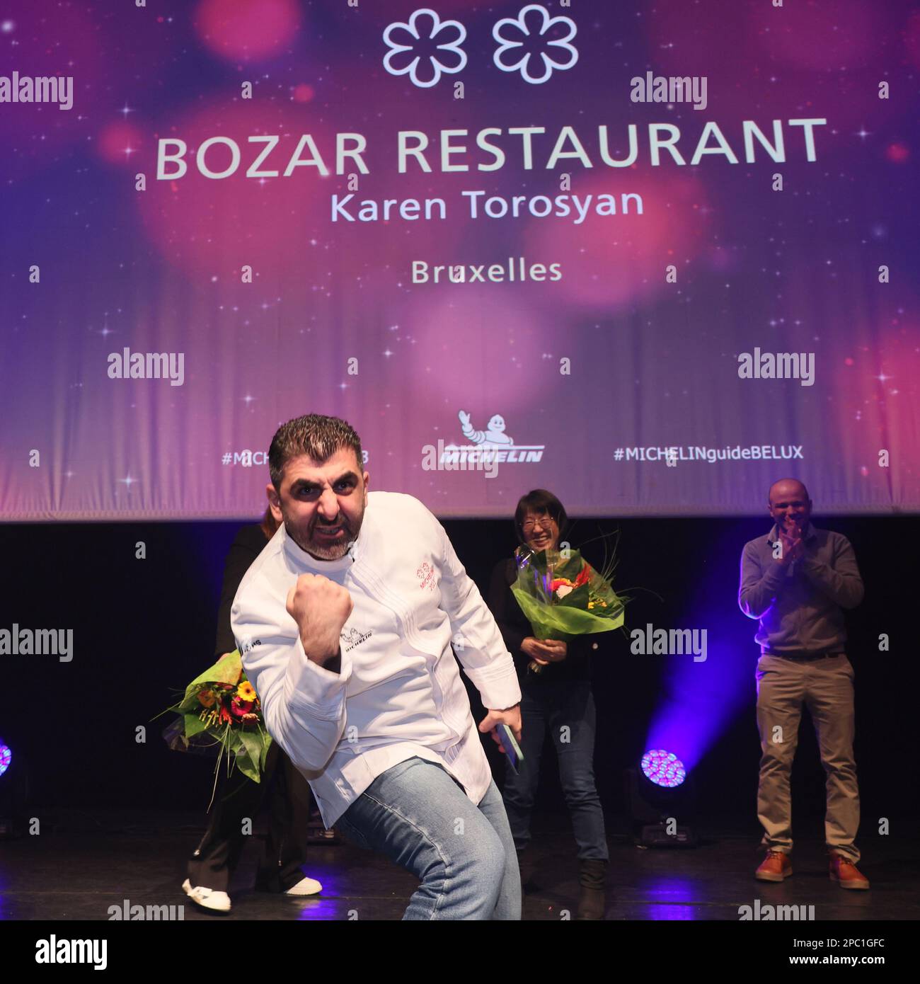 Karen Torosyan vom Restaurant Bozar feiert seinen zweiten Stern bei der Präsentation der neuen Ausgabe des Restaurant- und Hotelführers Michelin 2023 für Belgien und Luxemburg am Montag, den 13. März 2023 in Mons. BELGA FOTO BENOIT DOPPPAGNE Stockfoto