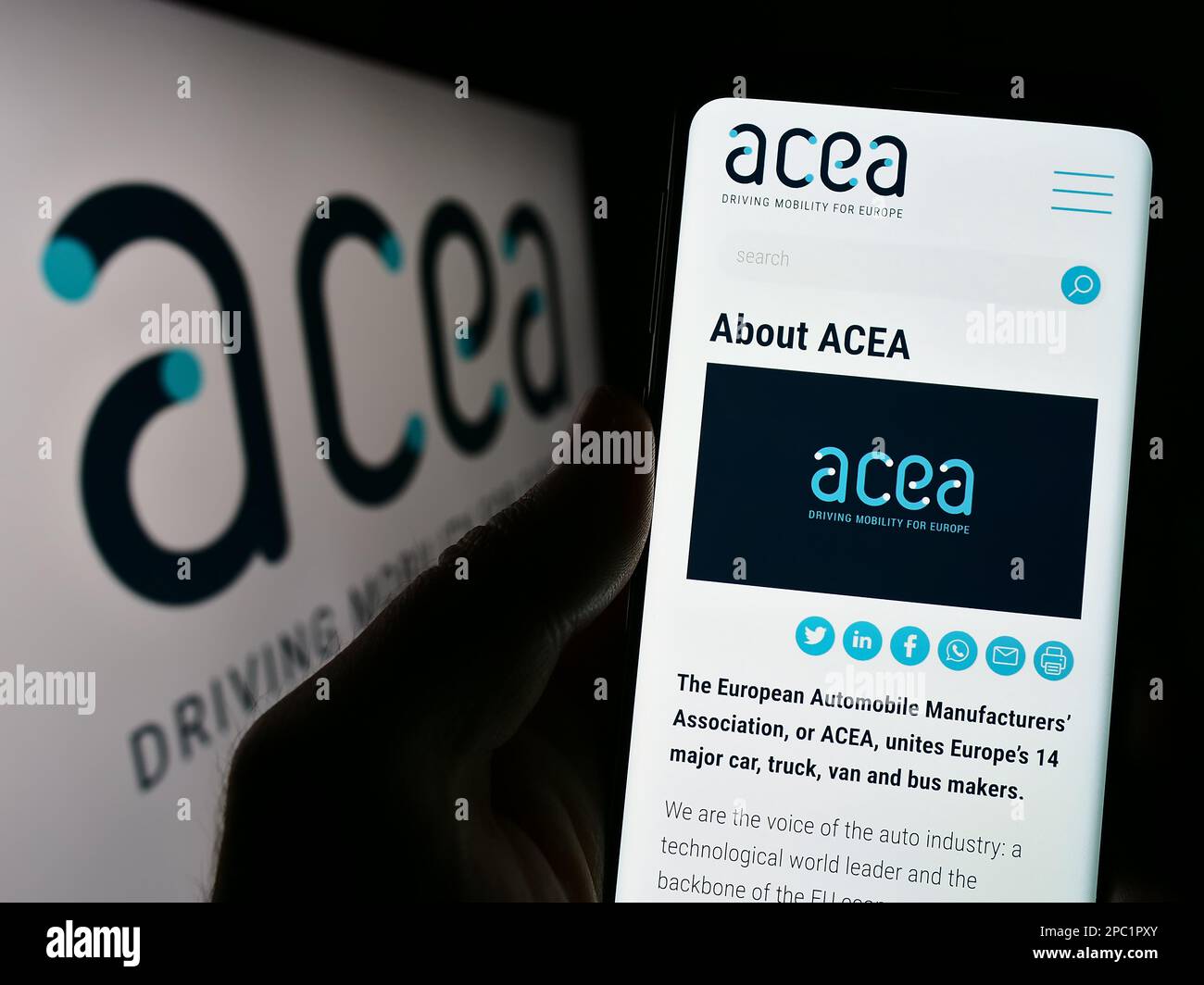 Person, die ein Mobiltelefon mit einer Website des Europäischen Automobilherstellerverbands (ACEA) auf dem Bildschirm hält. Konzentrieren Sie sich auf die Mitte des Telefondisplays. Stockfoto