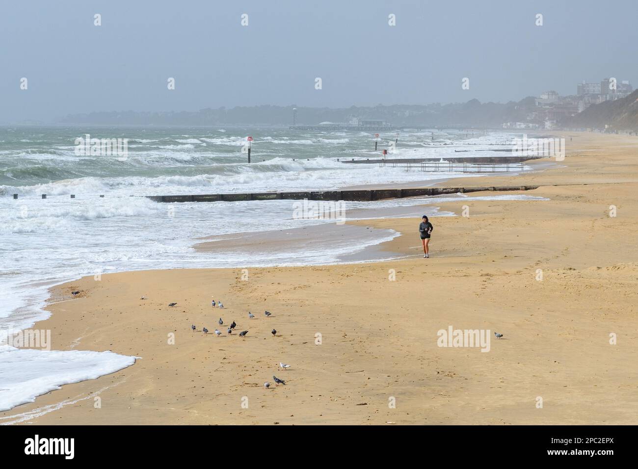 Boscombe, Bournemouth, Dorset, Vereinigtes Königreich, 13. März 2023, Wetter. Starke Winde und stürmische Bedingungen am Meer am Morgen. Ein einsamer Läufer am Strand. Kredit: Paul Biggins/Alamy Live News Stockfoto