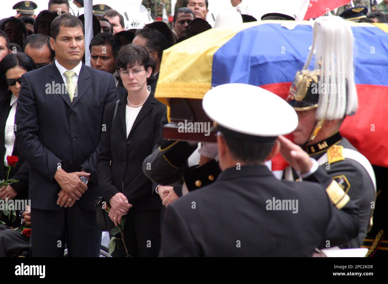 Ecuador's President Rafael Correa, left, and his wife Anne Malherbe pay