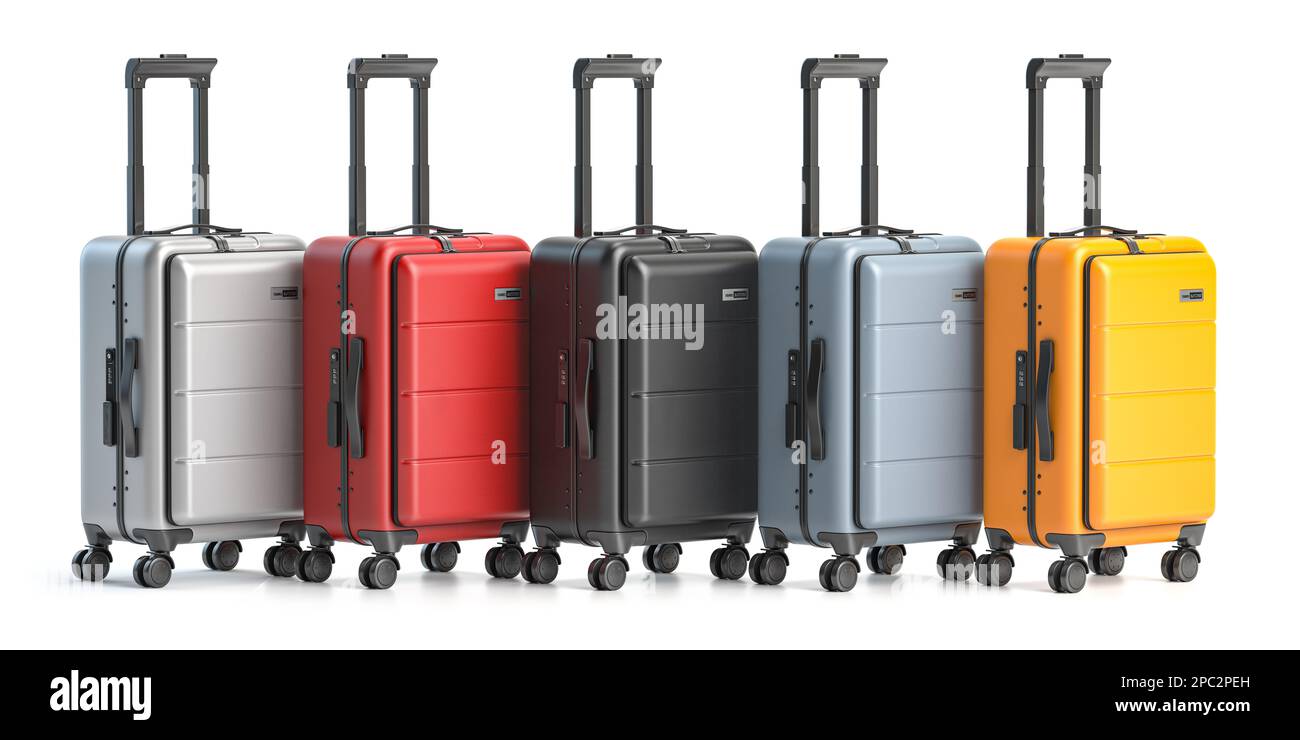 Reihe von Koffern verschiedener Farben, isoliert auf weißem Hintergrund. 3D Abbildung Stockfoto