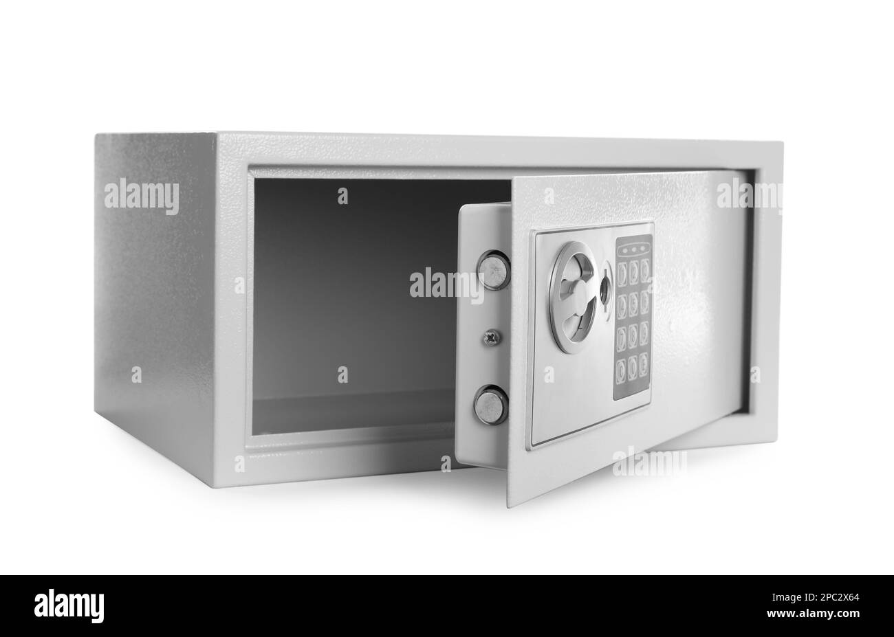 Offener Stahlsafe mit elektronischem Schloss auf weißem Hintergrund Stockfoto