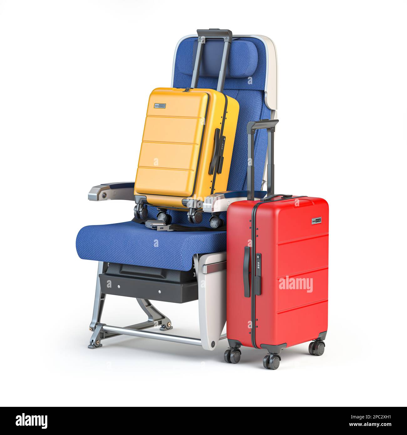Flugzeuge fliegen mit zwei Reisekoffern. Gepäckbestimmungen und Bedingungen der Fluggesellschaften. 3D Abbildung Stockfoto