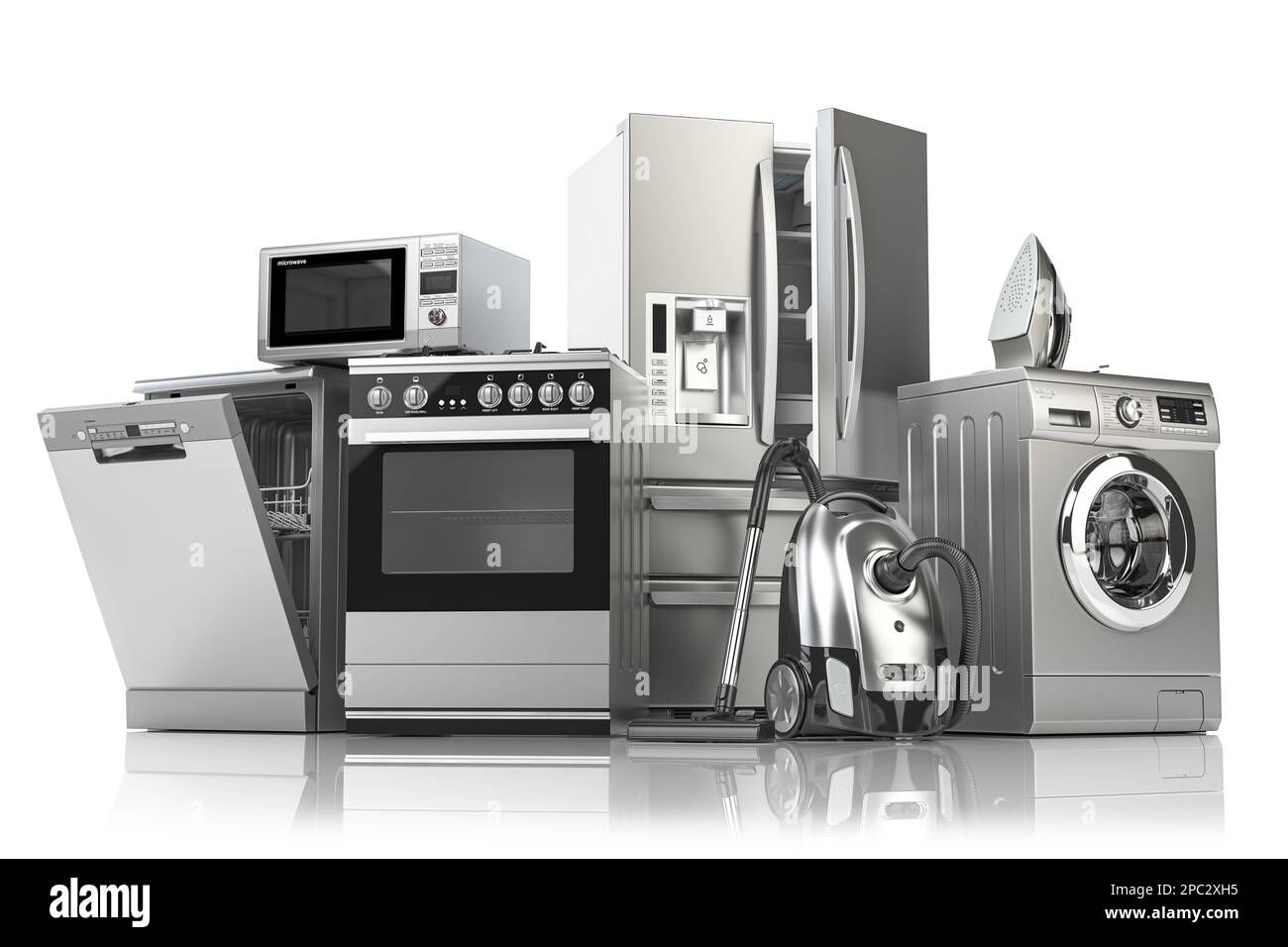 Haushaltsgeräte. Haushaltsküchentechnik isoliert auf weißem Hintergrund. Kühlschrank, Geschirrspüler, Gaskocher, Mikrowelle, Waschmaschine, Staubsauger Stockfoto
