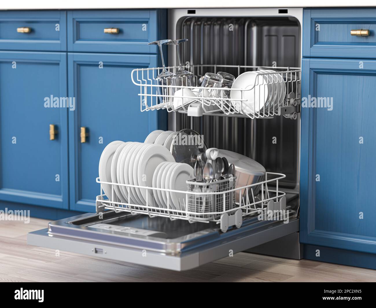 Offener Geschirrspüler mit sauberem Geschirr in der Küche. 3D Abbildung Stockfoto
