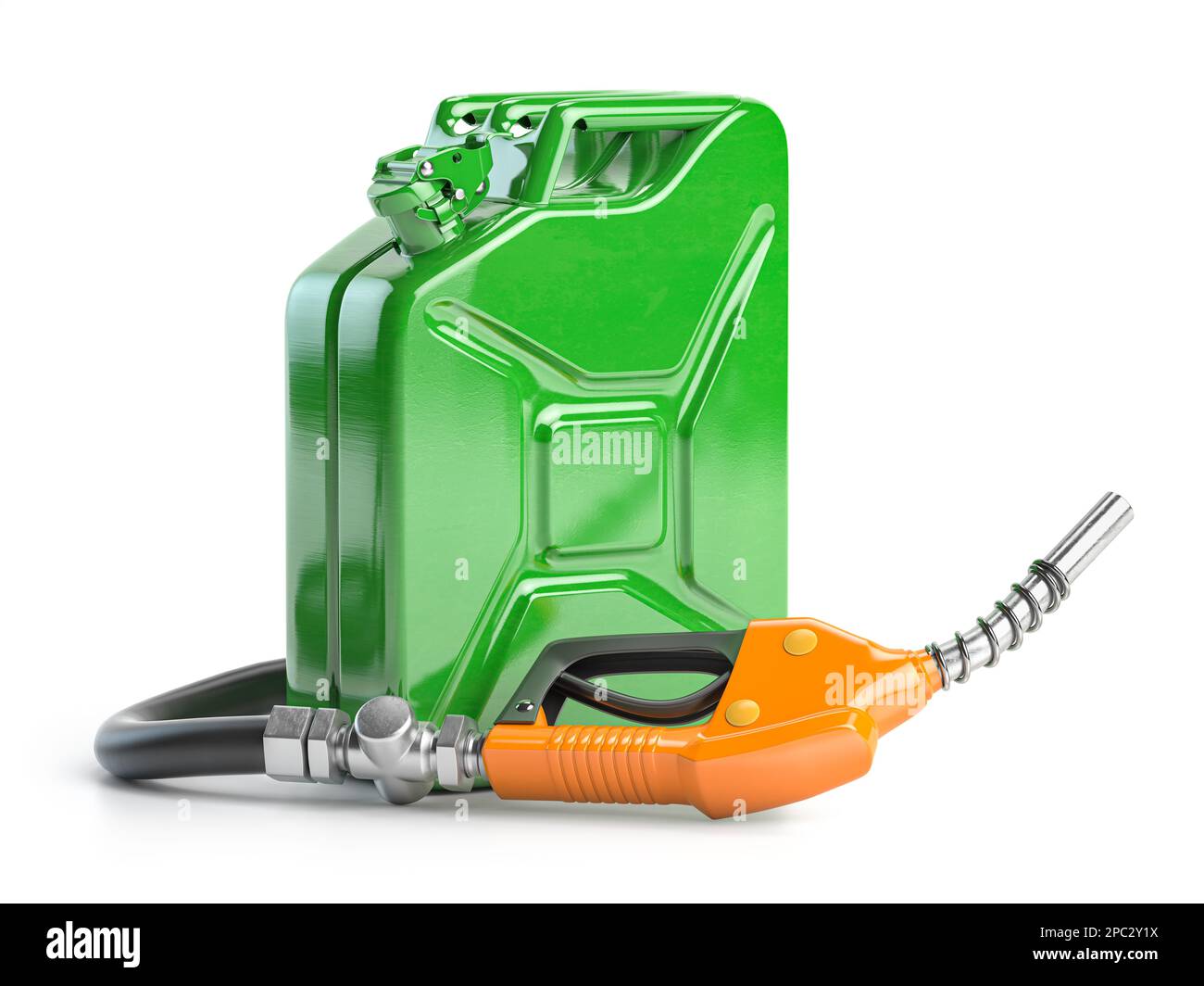 Gaspumpendüse und Kanister auf weißem Hintergrund isoliert. 3D Abbildung Stockfoto