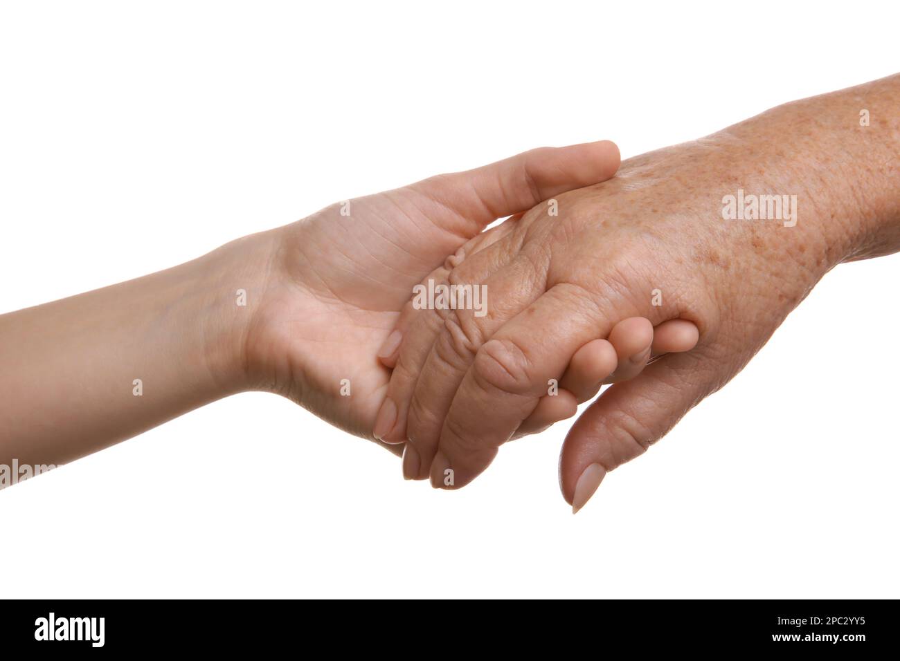 Junge und ältere Frauen, die sich auf weißem Hintergrund an den Händen halten, Nahaufnahme Stockfoto
