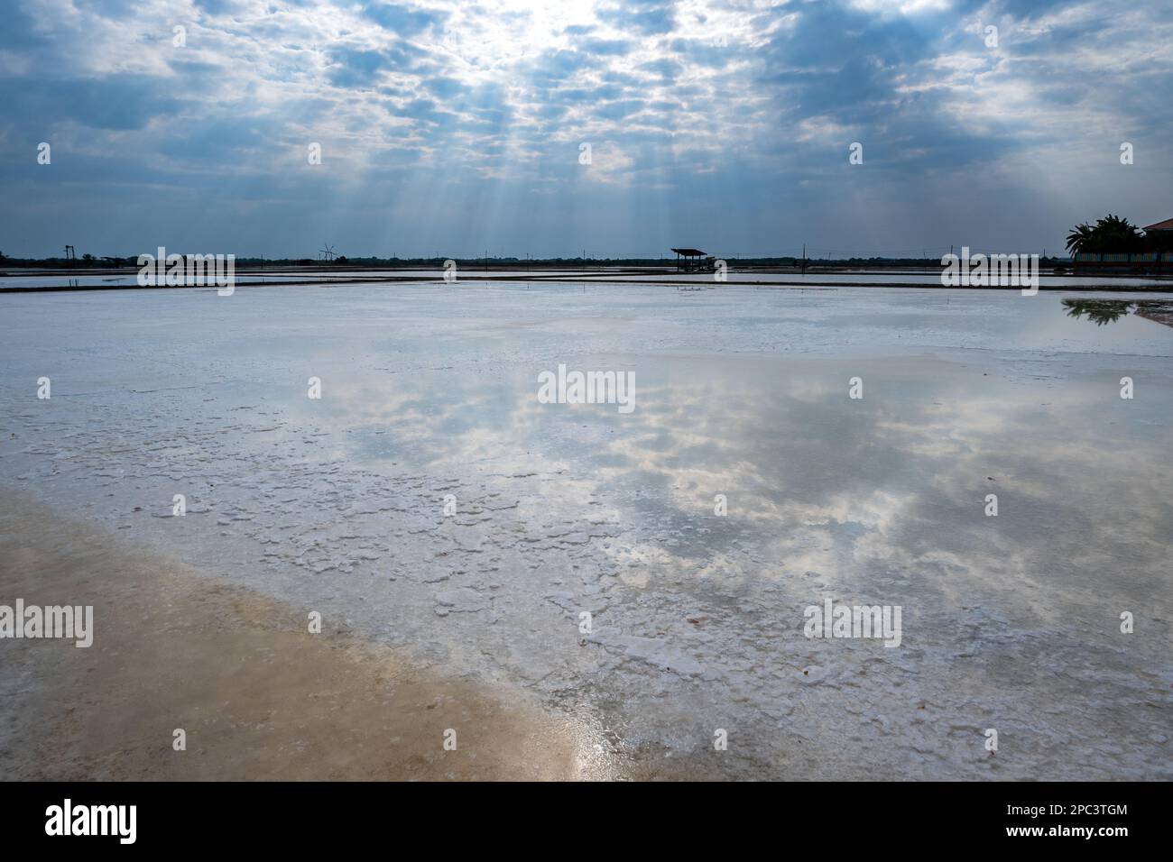 Salzverdunstungsteiche entlang der Küste südlich von Bangkok. Thailand. Stockfoto
