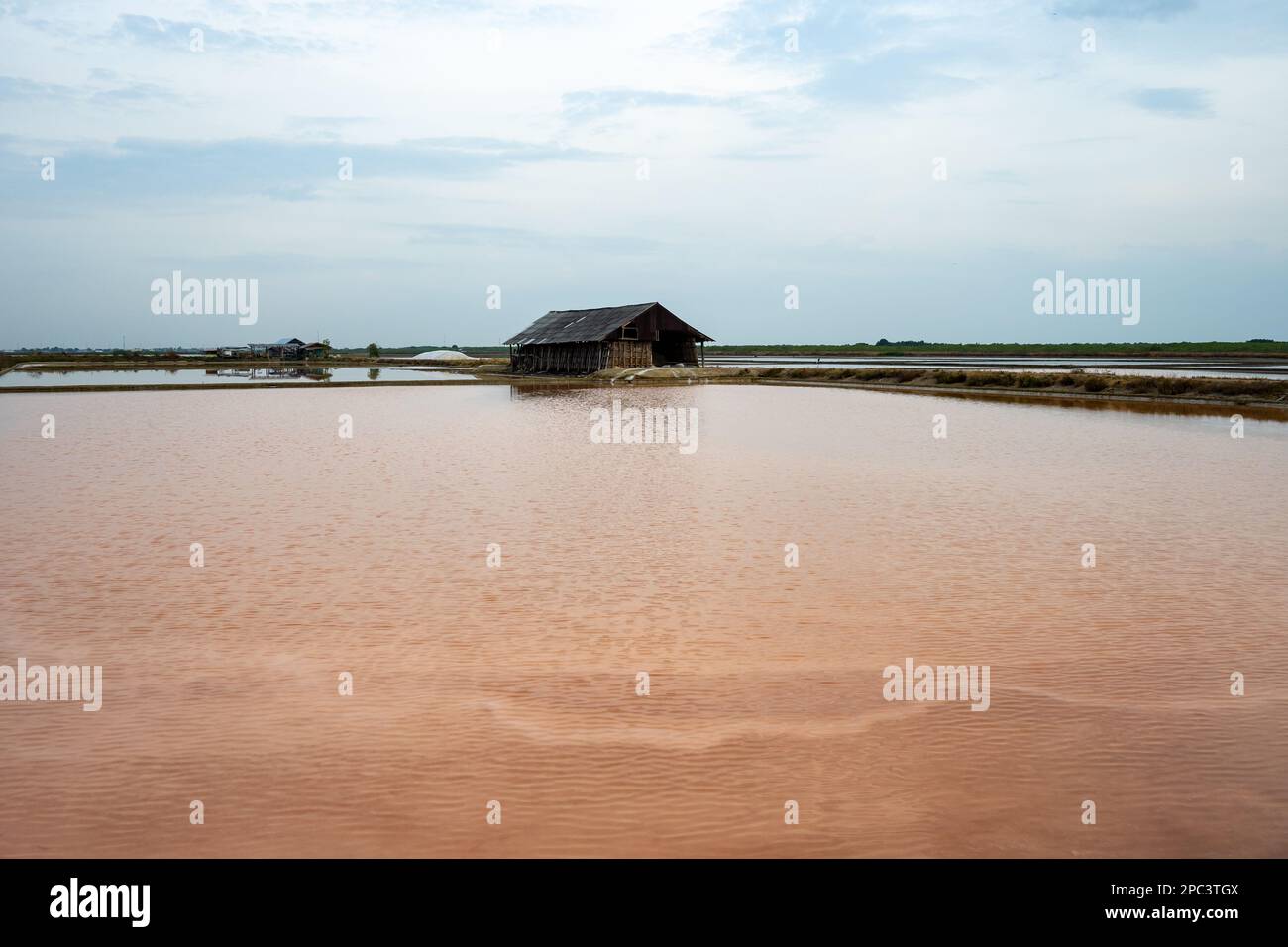 Salzverdunstungsteiche entlang der Küste südlich von Bangkok. Thailand. Stockfoto