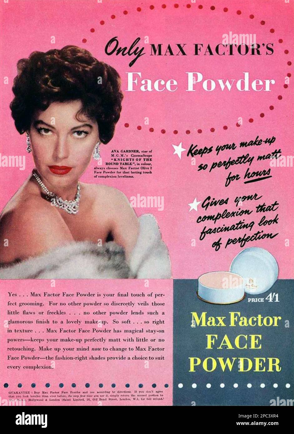 AVA GARDNER (1922-1990), eine MGMmericanische Filmdarstellerin, die für max Factor Kosmetik wirbt, und ihren MGM-Film Knights of the Round Table aus dem Jahr 1953 Stockfoto