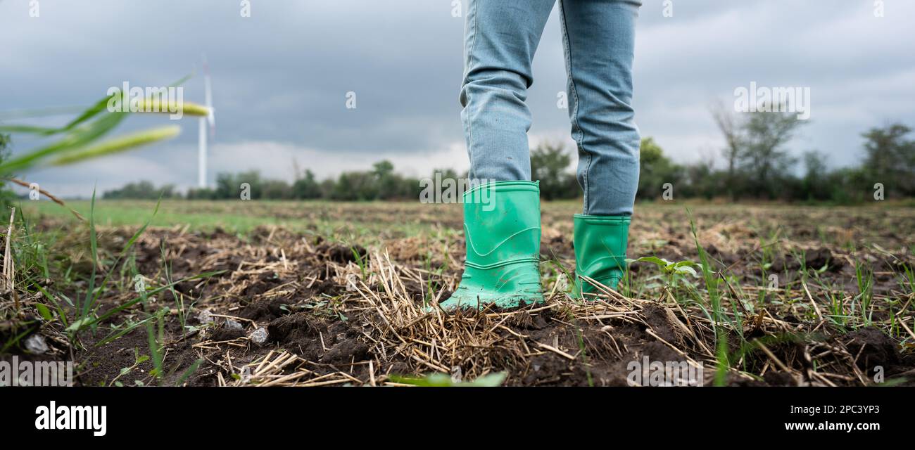 Nahaufnahmen von Landwirten, die auf dem Feld arbeiten. Windturbinen am Horizont Stockfoto