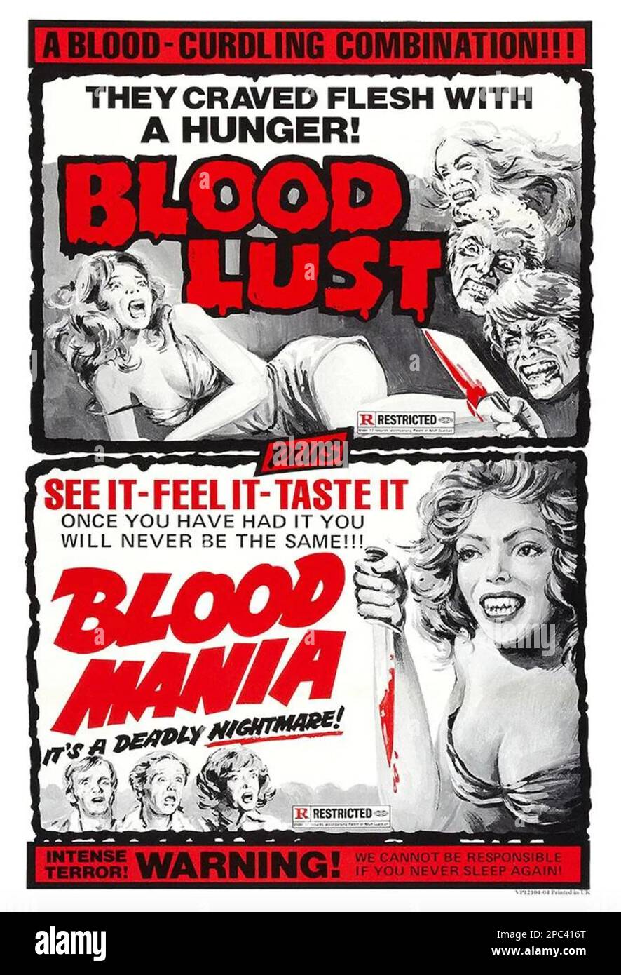 BLOOD WUST und B LOOD MANIA, doppelte Scheine von zwei 1970 Crown International Pictures Filmen Stockfoto