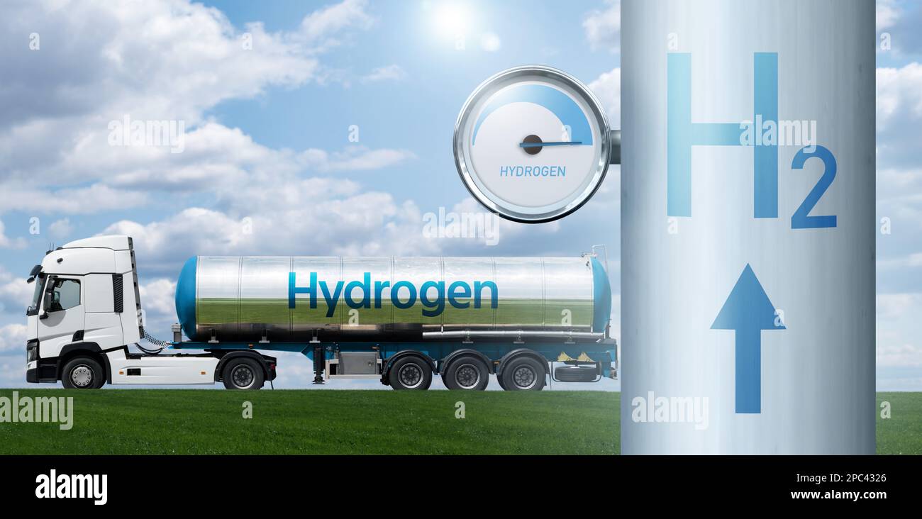 Wasserstoffrohr mit Messgerät. Konzept der Herstellung von grünem Wasserstoff Stockfoto