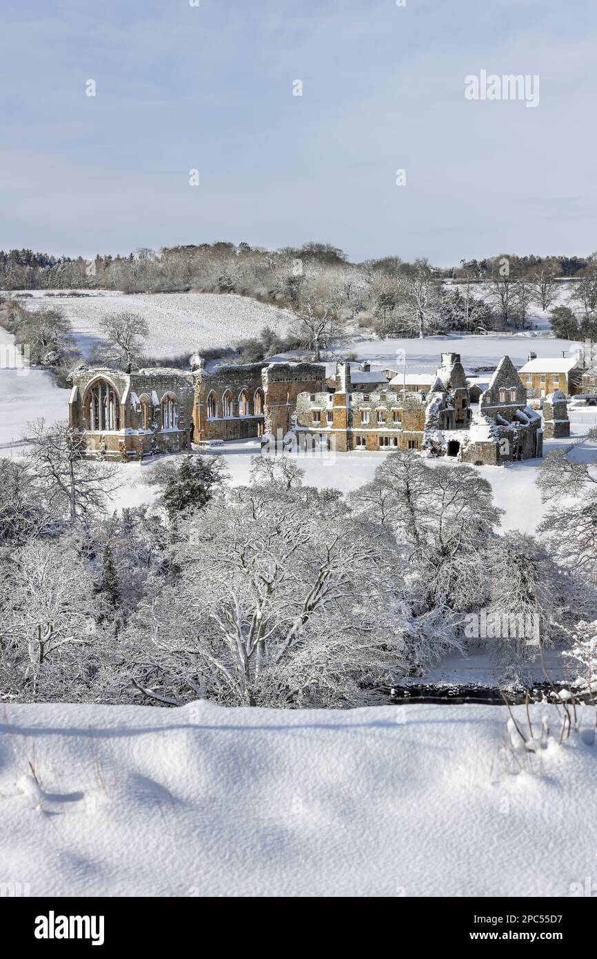 Egglestone Abbey Winter Scene, Barnard Castle, Teesdale, County Durham, Großbritannien Stockfoto