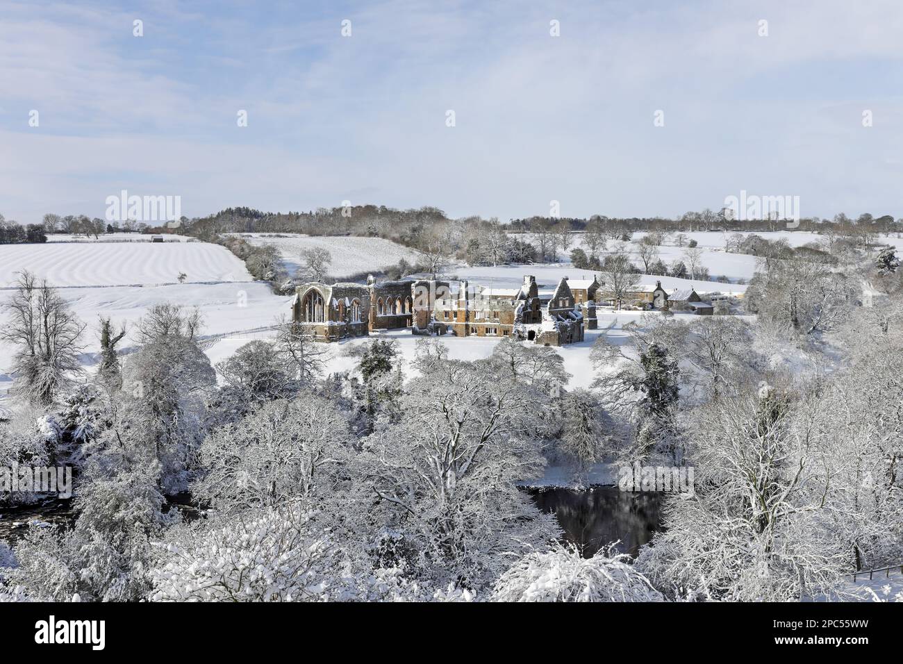Egglestone Abbey in Winter, Barnard Castle, Teesdale, County Durham, Großbritannien Stockfoto