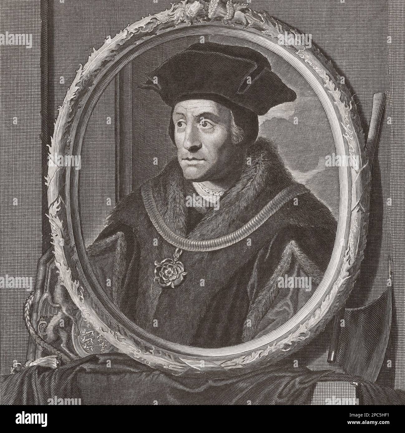 Sir Thomas More, alias Saint Thomas More, 1477 - 1535. Humanist, Staatsmann und Kanzler von England. Nach einem Abdruck von Pieter van Gunst aus dem Gemälde von Adriaen van der Werff. Stockfoto