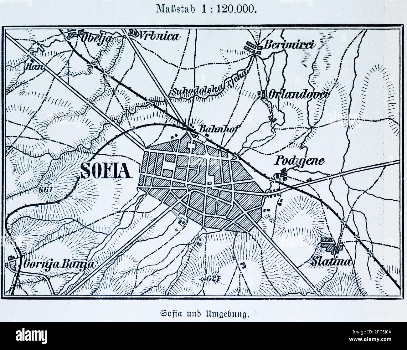Stadtplan von Sofia, Hauptstadt Bulgariens, und Umgebung, Bulgarienosteuropa, Abbildung 1896 Stockfoto