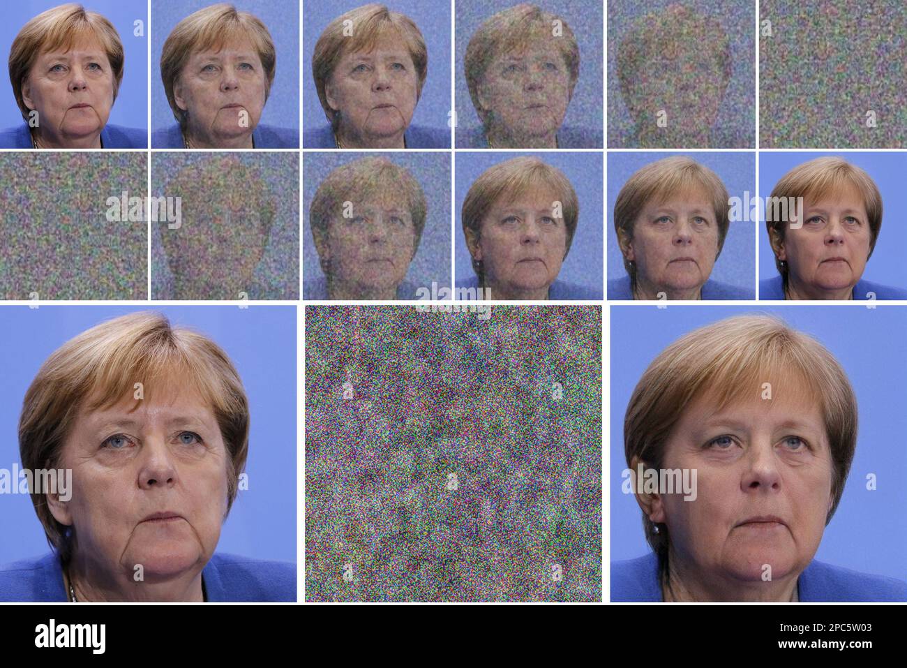 Kuenstliche Intelligenz: Diffusionsmodell/Diffusionsmodell: Oben: Ein Bild werden schrittweise Störungen zugefügt, bis nur noch ein komplettes Rausc Stockfoto
