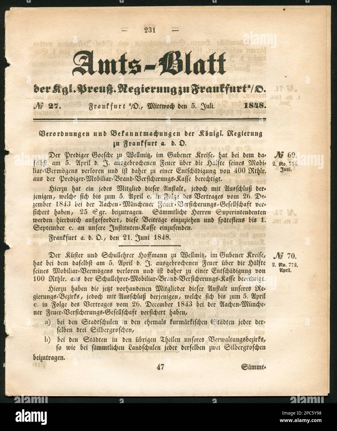 Europa, Deutschland, Brandenburg, Frankfurt an der oder, historische Zeitung : Amts-Blatt der Kgl.Preuß. Regierung zu Frankfurt an der oder , Nr. 27, 5. Juli 1848 . / Europa, Deutschland, Brandenburg, Frankfurt (oder), historische Zeitung : Amts-Blatt der Königlichen Preußischen Regierung zu Frankfurt a./O. ", Nr. 27, veröffentlicht 5. 7. 1848 Stockfoto