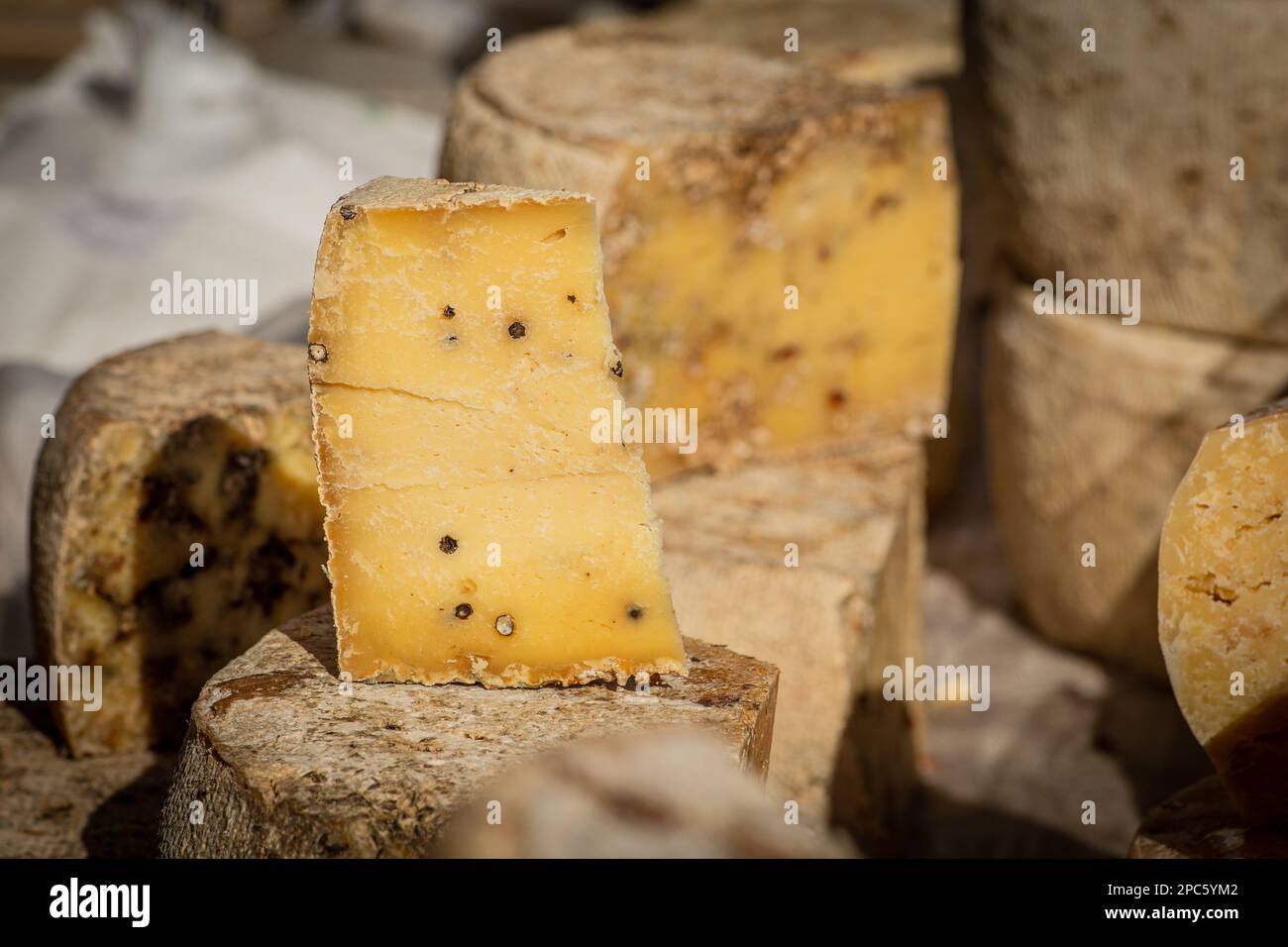 Hausgemachter Bio-Käse mit natürlichen Gewürzen und Pfefferkörnern in einem Street Food-Markt, aus nächster Nähe Stockfoto