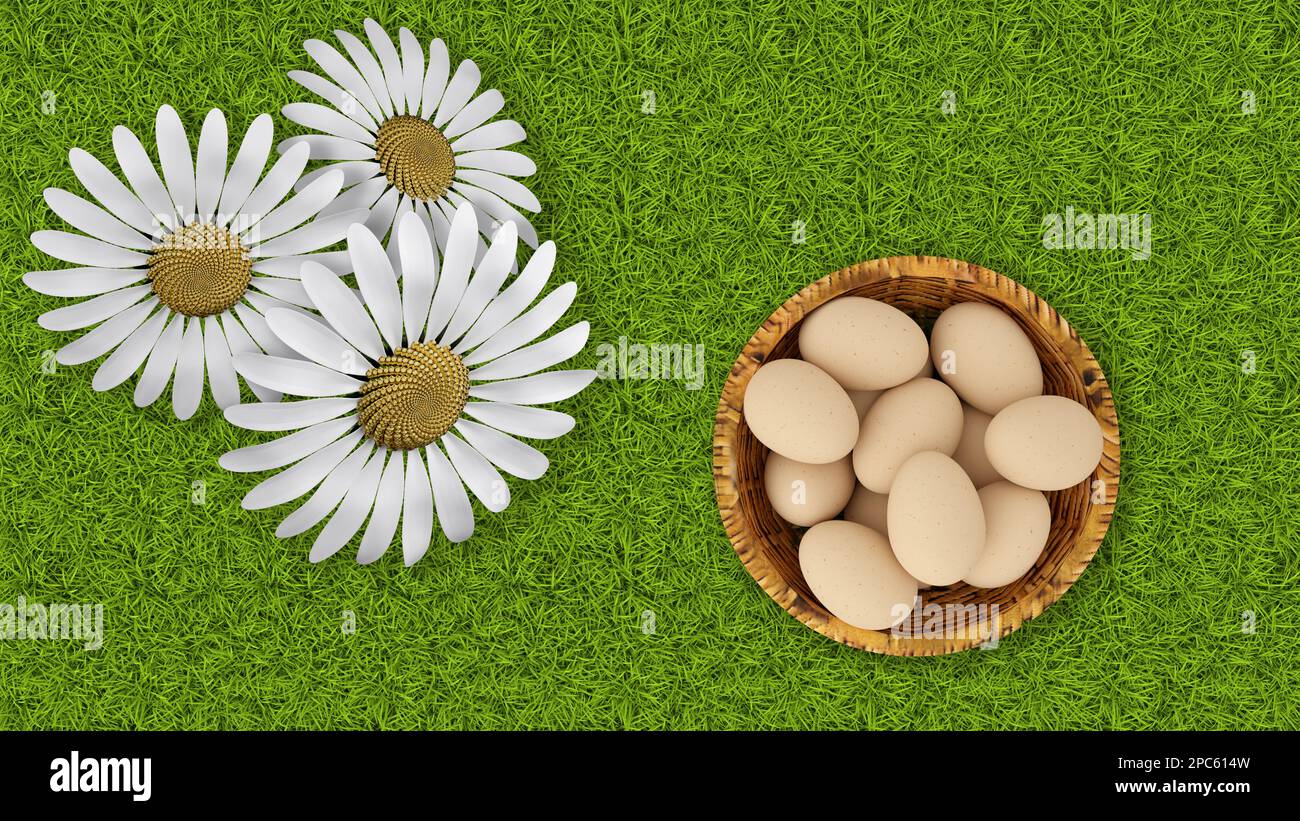 3D Abbildung. Frühling, Sommer, Ostern. Korb mit Eiern mit Gras und Schmetterlingen, im Hintergrund Himmel und Bäume. Gänseblümchen und Blumen färben den gre Stockfoto