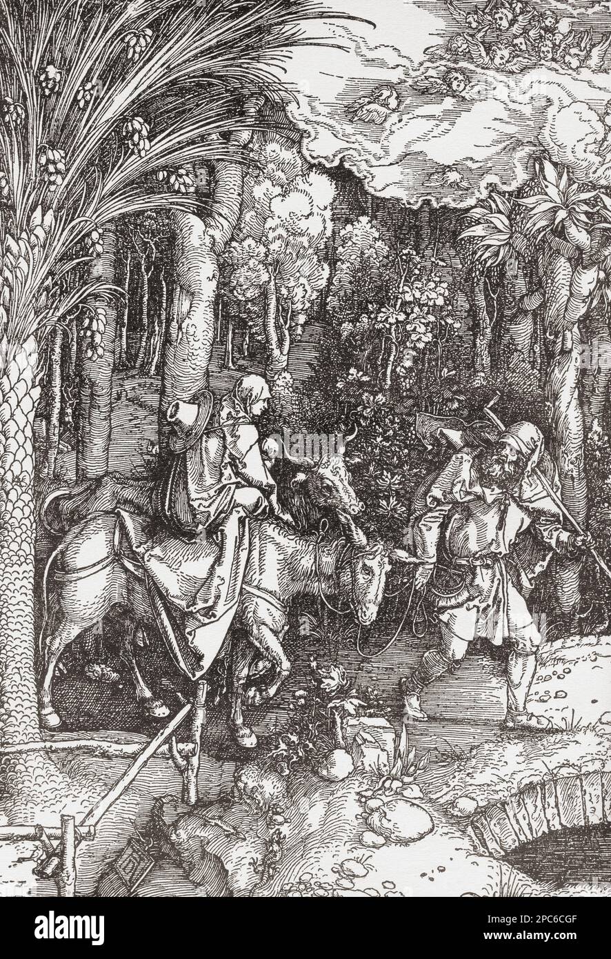 Der Flug nach Ägypten, nach der Arbeit von Albrecht Dürer, 1471-1528, manchmal auf Englisch geschrieben als Durer. Deutscher Maler, Druckmacher und Theoretiker der deutschen Renaissance. Aus Albrecht Dürer, sein Leben und eine Auswahl seiner Werke, veröffentlicht 1928. Stockfoto