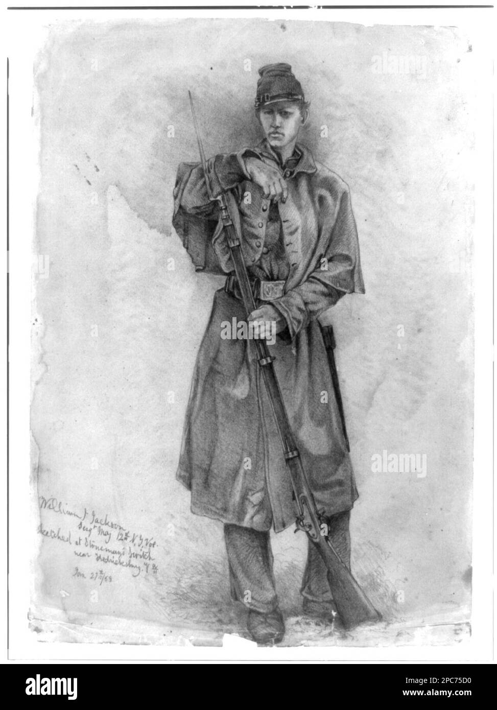 Studie über den bewachten Infanteriesoldaten--William J. Jackson, Sergt. Maj. 12. New York Vol.--skizziert in Stoneman's Switch, bei Fredricksburg sic, Virginia, 27. Januar 1863. Morgan Sammlung von Zeichnungen aus dem Bürgerkrieg. Militärpersonal, 1860-1870, USA, Geschichte, Bürgerkrieg, 1861-1865, Militärpersonal, Union, Vereinigte Staaten, Virginia, Fredericksburg. Stockfoto