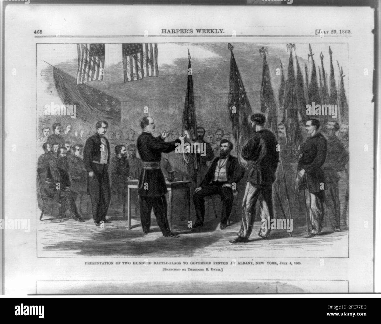 Präsentation von 200 Battle-Flags vor Gouverneur Fenton in Albany, New York, 4. Juli 1865 / skizziert von Theodore R. Davis.. Illus. In: Harper's Weekly, 1865 July 29, S. 468, top. Rituale und Zeremonien, New York (State), Albany, 1860-1870, 4. Juli, 1860-1870, Military Standards, American, 1860-1870, USA, Geschichte, Bürgerkrieg, 1861-1865, Gedenken. Stockfoto