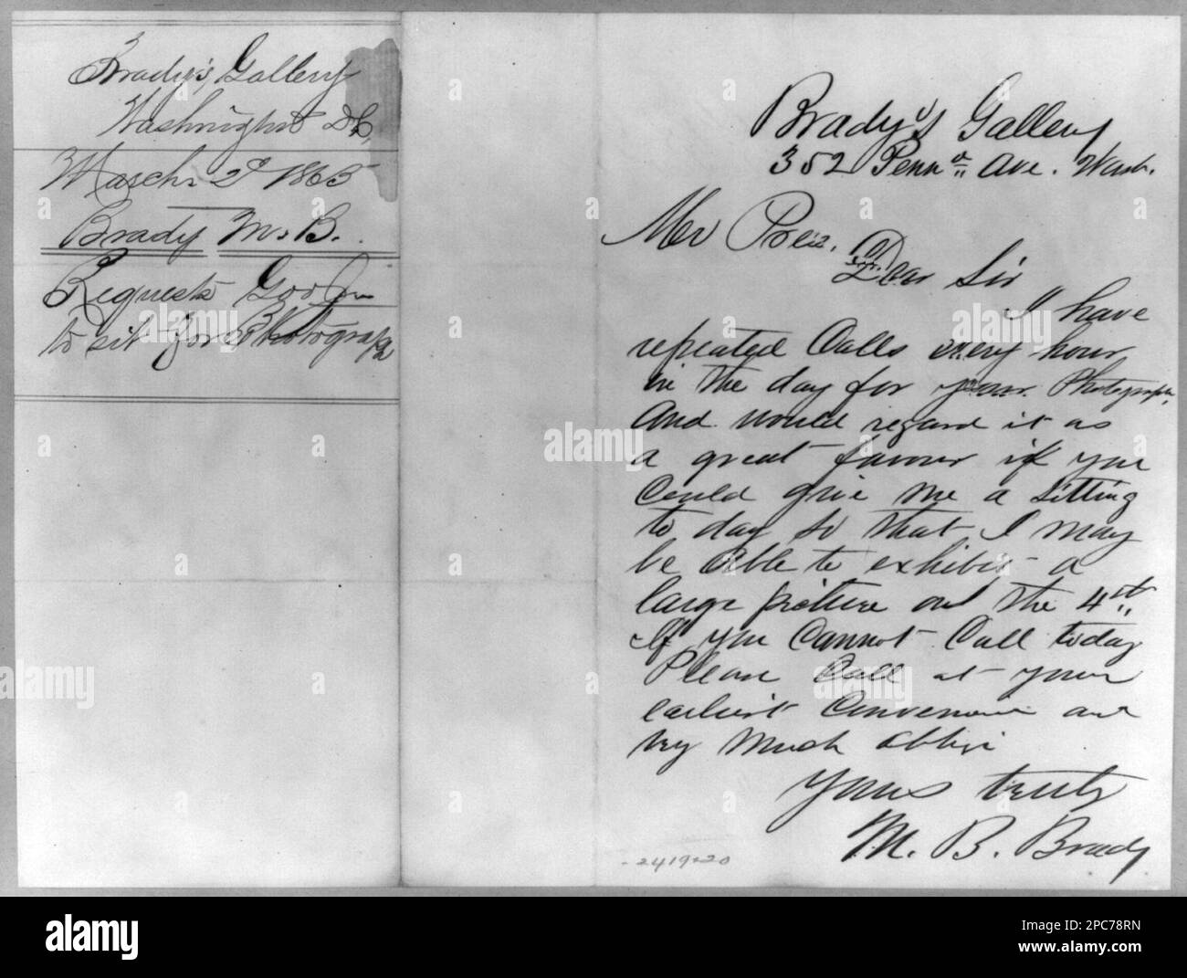 Brief von Mathew Brady an Präsident Abraham Lincoln, in dem Lincoln gebeten wird, sich für ein Foto zu setzen. Bürgerkriegsfotos, 1861-1865. Fotografie, 1860-1870, Usa, Geschichte, Bürgerkrieg, 1861-1865. Stockfoto