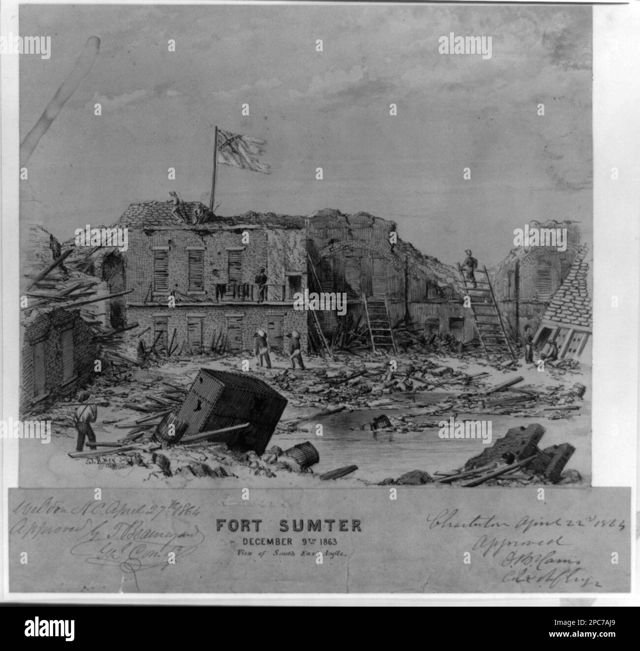 Fort Sumter, 9. 1863. Dezember, Blick auf South East Angle. Unterschrift unten links im Bild: J.R. Key Jan. 7 64, Titel auf separatem Papier unter Bild, mit brauner Tinte auf separatem Blatt Papier eingraviert : Weldon N.C. April 27. 1864. Genehmigter G.T. Beauregard Genl. COM[dr]. Charleston, 22 1864. April. Zugelassen D.B. (Harris?) Col & Inf Engr, Source Unknown, Reference Print available in the Civil war drawings file J. Forts & Fortifications, 1860-1870, Flags, Confederate, 1860-1870, Vereinigte Staaten, Geschichte, Bürgerkrieg, 1861-1865, militärische Einrichtungen, Konföderierte, Usa, Geschichte, Bürgerkrieg, 18 Stockfoto