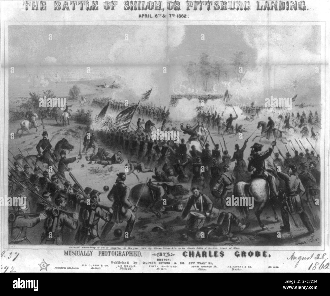 Die Schlacht von Shiloh oder Pittsburg Landing, 6. Und 7. April 1862 / J.H. Buffords Lith, Boston... Musikabdeckung. USA, Geschichte, Bürgerkrieg, 1861-1865, Kampagnen und Schlachten, Shiloh, Battle of, Tenn, 1862, Vereinigte Staaten, Geschichte, Bürgerkrieg, 1861-1865, Lieder und Musik. Stockfoto