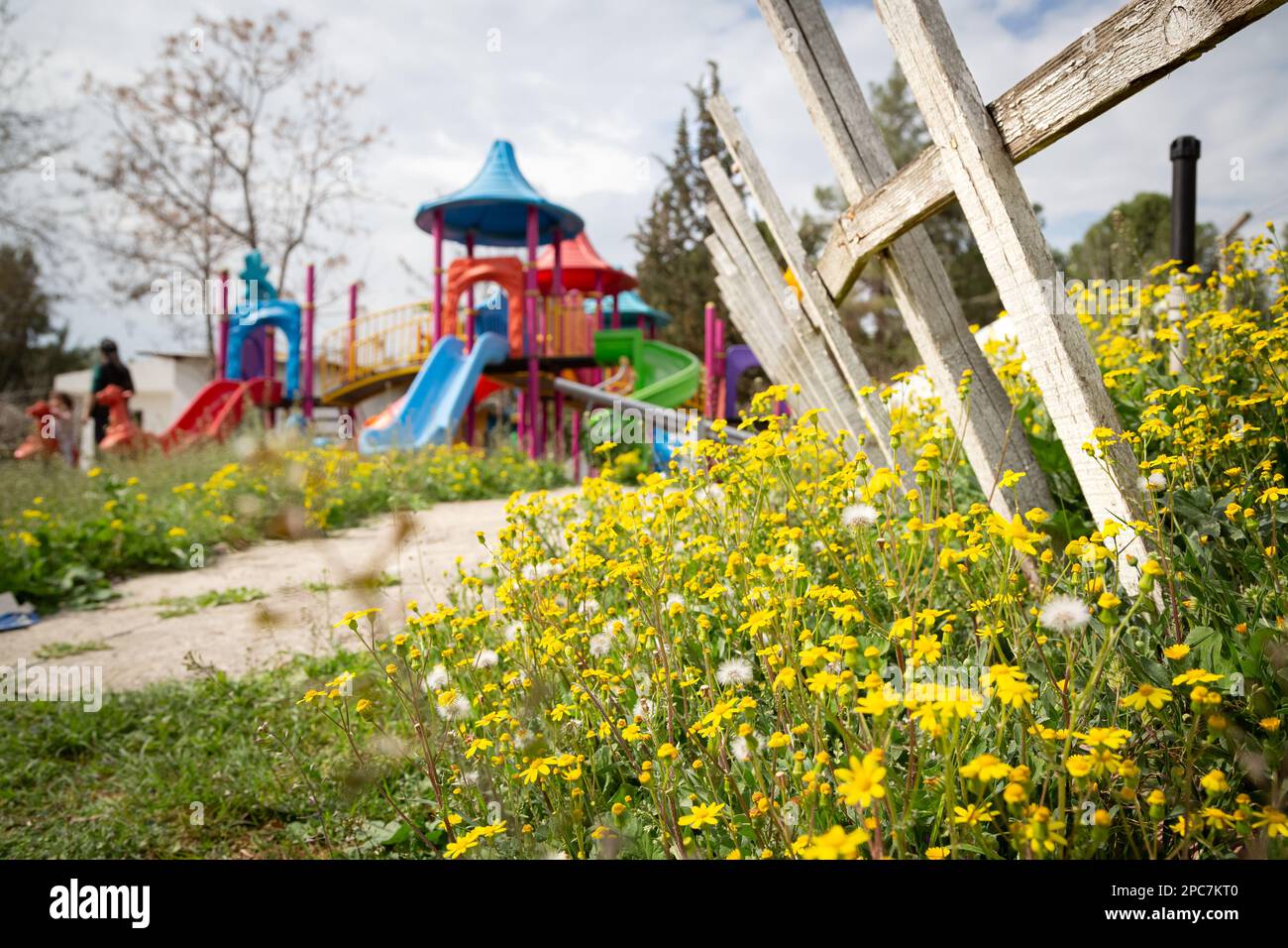 Farbenfroher Plastikspielplatz mit Spielplätzen, auf denen Kinder sich in der erneuerten Natur körperlich betätigen können. Gelbe Blüten im selektiven Fokus. Stockfoto