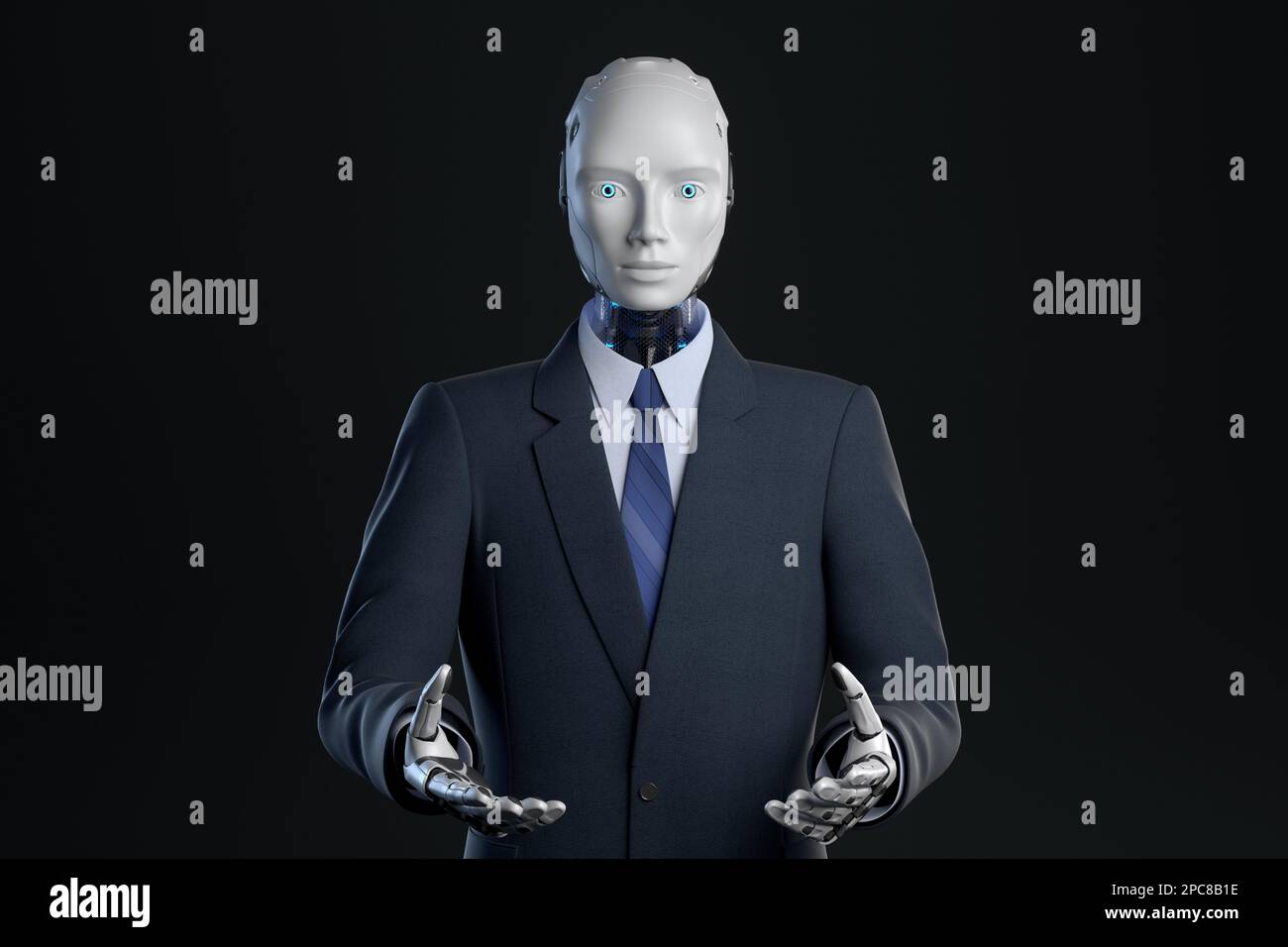 Der Roboter im Anzug zeigt seine leeren Hände. 3D Abbildung Stockfoto