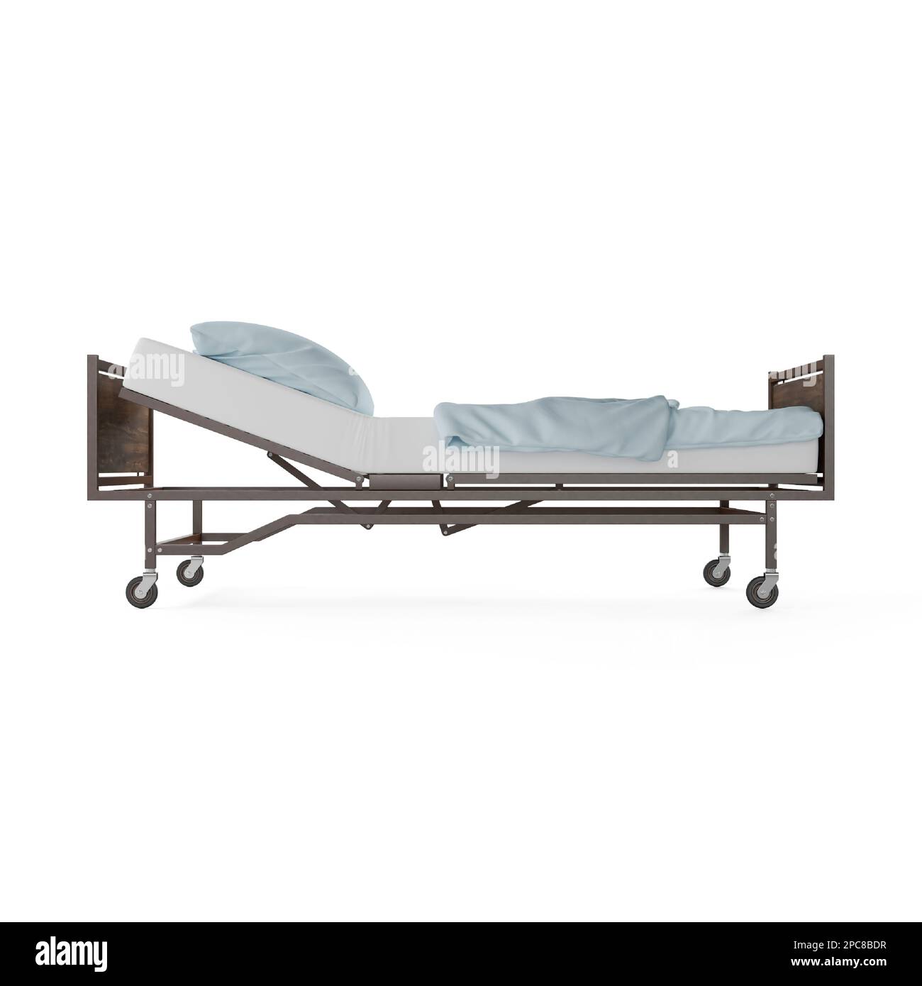 Ein beiges Krankenhausbett mit einer heruntergerollten Matratze in einem modernen, sterilen Raum Stockfoto