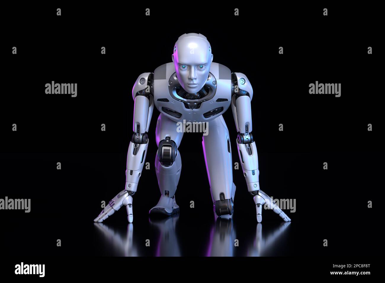 Roboter steht in Startposition auf dunklem Hintergrund. 3D Abbildung Stockfoto