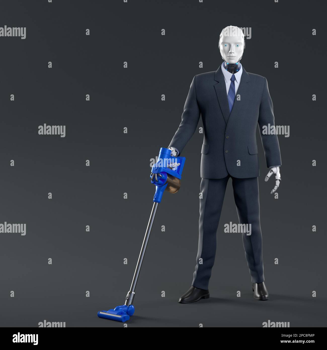 Roboter im Anzug hält Staubsauger in der Hand. 3D Abbildung Stockfoto