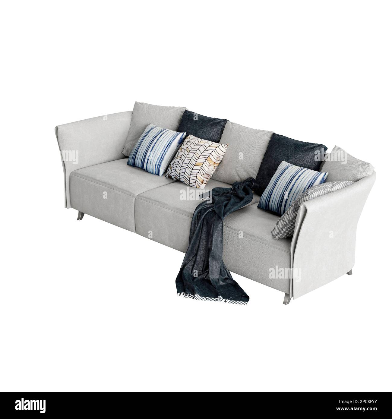 Ein weißes Sofa mit isolierten Kissen auf weißem Hintergrund Stockfoto