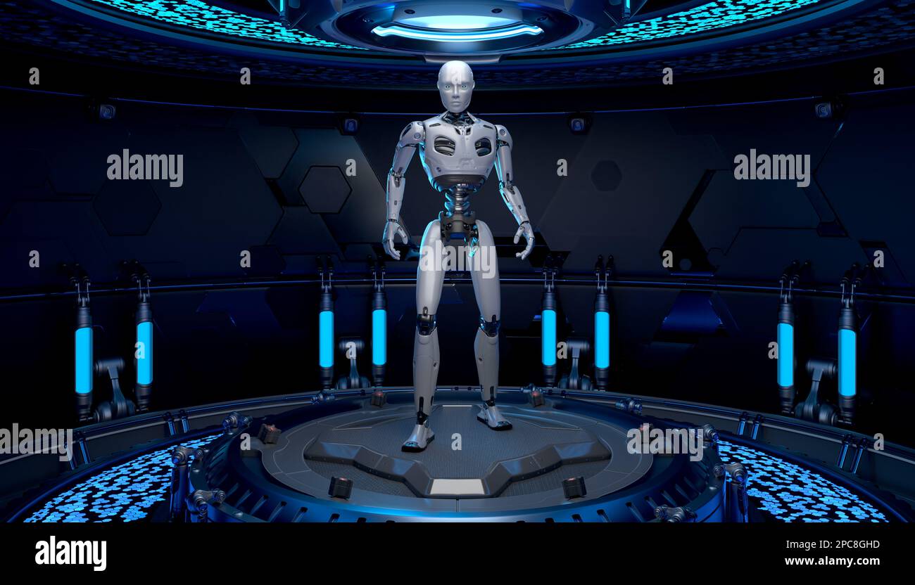 Roboter im Sci-Fi-Innenraum, der auf einer Plattform steht. 3D Abbildung Stockfoto