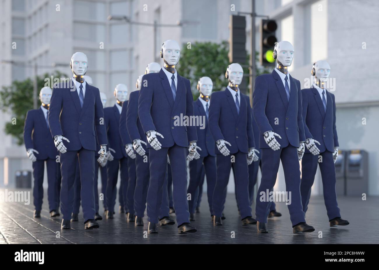 Menschliche Roboter, die die Straße entlang laufen. 3D Abbildung Stockfoto