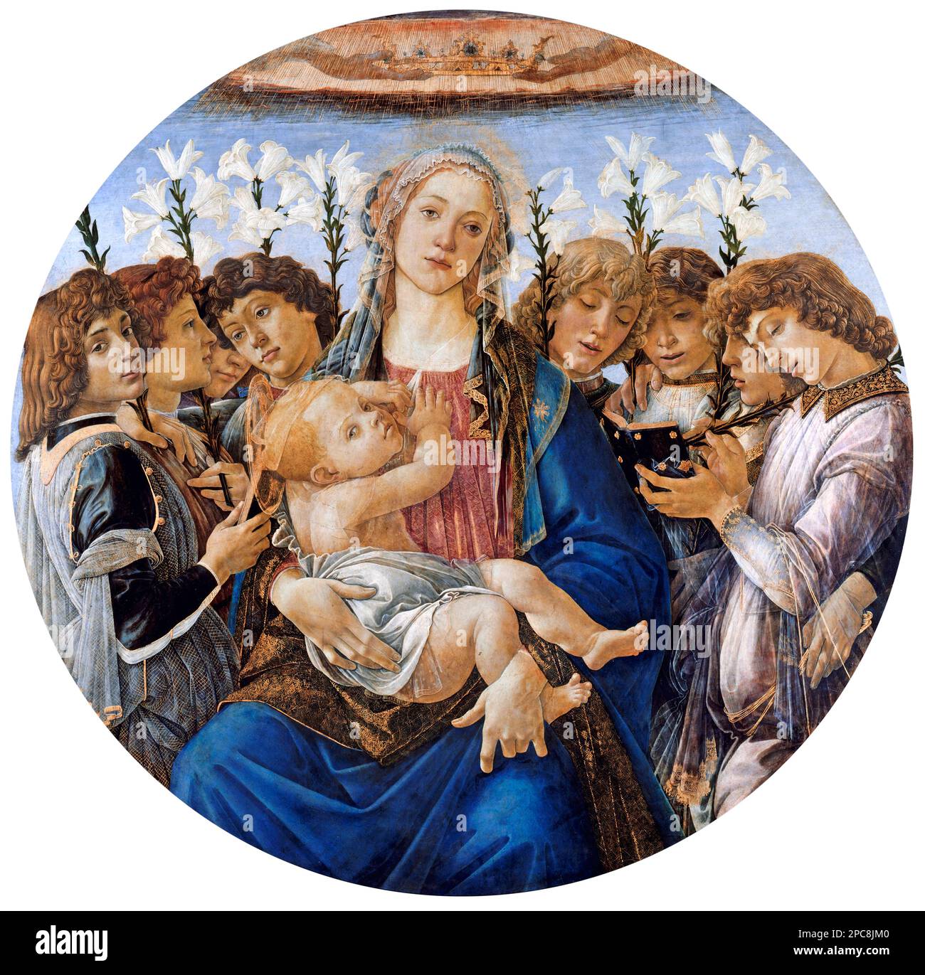 Mary With the Child and Singing Angels von Sandro Botticelli (Alessandro di Mariano di Vanni Filipepi, c.1445-1510), Öl auf Pappelholz, 1477 Stockfoto