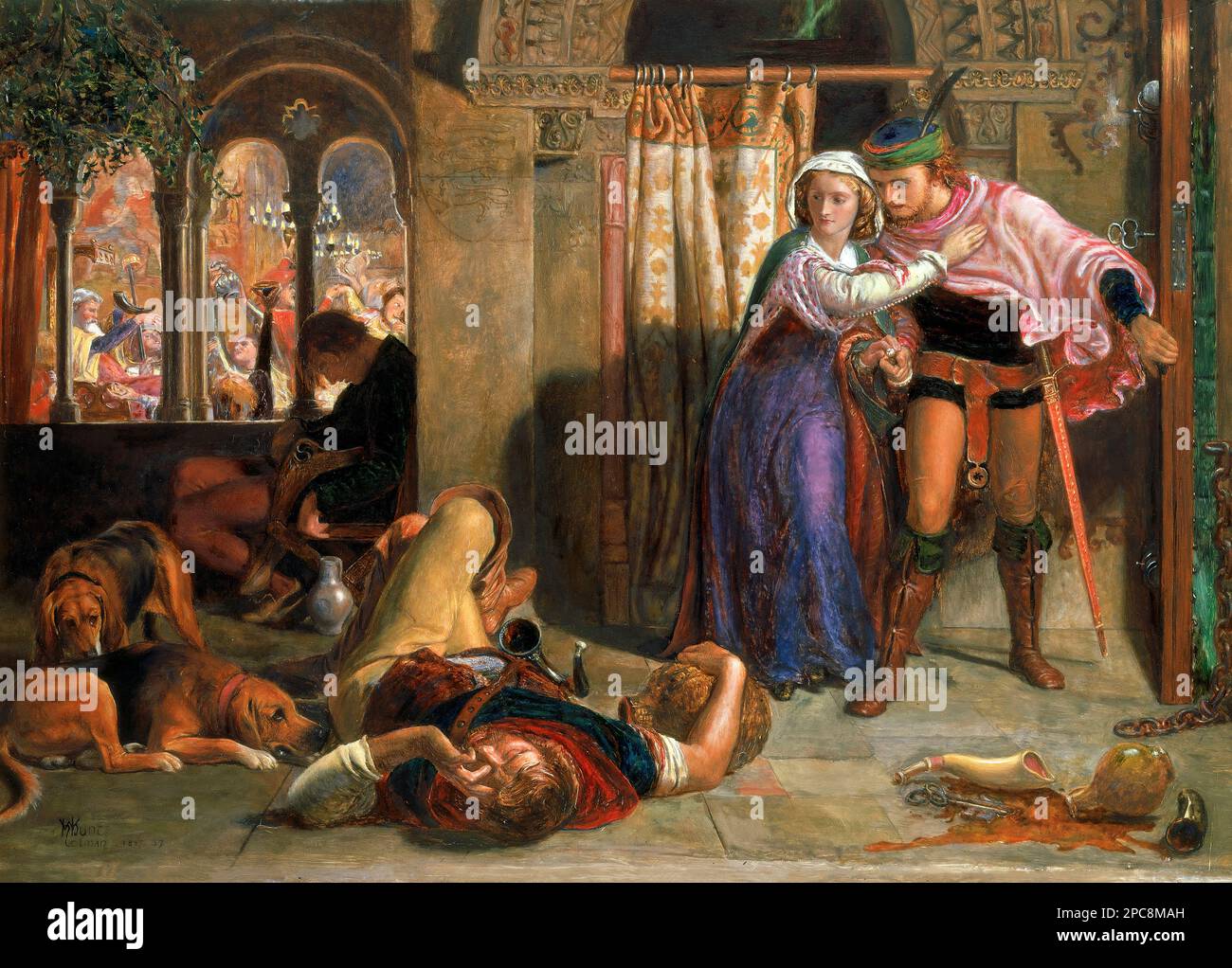 Der Flug von Madeline und Porphyro während der Trunkenheit, die an der Feier teilnahm (der Abend von St. Agnes)“ von William Holman Hunt (1827-1910), Öl auf Platte, c. 1847-57. Holman Hunt war eine führende Figur in der Pre-Raphaelite-Bewegung des 19. Jahrhunderts. Stockfoto