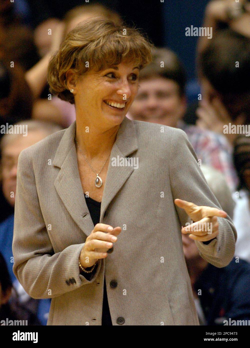 Duke's head coach Gail Goestenkors makes a joke in the second half of a